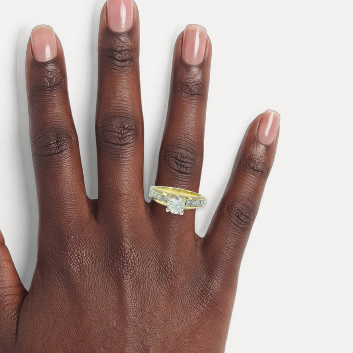 Certified Colorless Transition Cut Diamond Ring (1 ¾ ct.) in 14k Yellow Gold shown on a hand (deep skin tone)