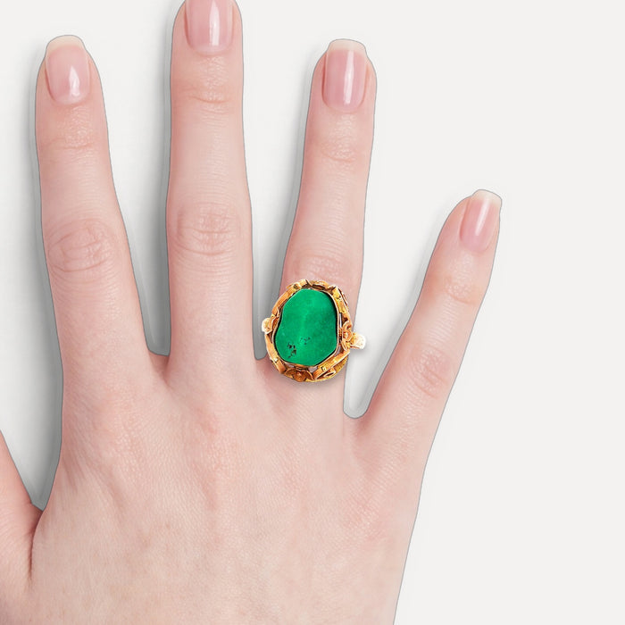 Antique Victorian Freeform Green Turquoise Ring (7 ¾ ct.) in 14k Rose Gold shown on a hand (light skin tone)