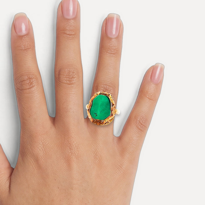 Antique Victorian Freeform Green Turquoise Ring (7 ¾ ct.) in 14k Rose Gold shown on a hand (medium skin tone)