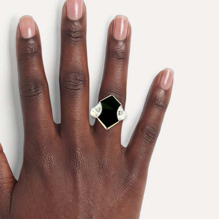 Vintage Onyx & Diamond Art Deco Shield Ring in 14k Yellow Gold shown on a hand (deep skin tone)