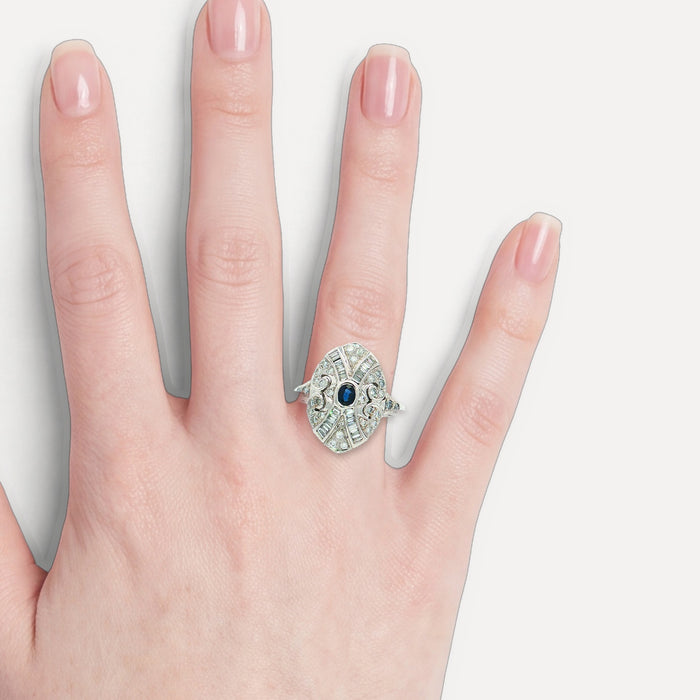 Vintage Sapphire & Diamond Art Deco Cocktail Ring (1 ct. tw.) in 18k White Gold shown on a hand (light skin tone)