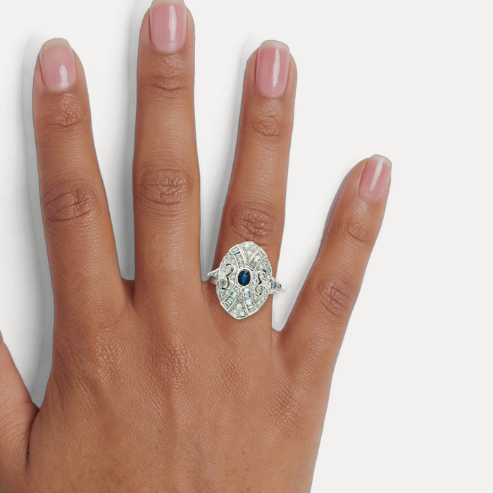 Vintage Sapphire & Diamond Art Deco Cocktail Ring (1 ct. tw.) in 18k White Gold shown on a hand (medium deep skin tone)
