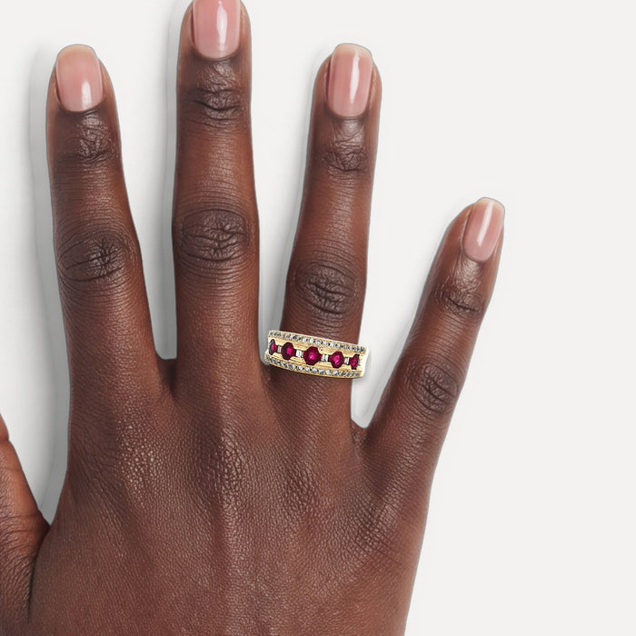 Ruby & Diamond Ring (2 ½ ct. tw.) in 14k Yellow Gold shown on a hand (deep skin tone)