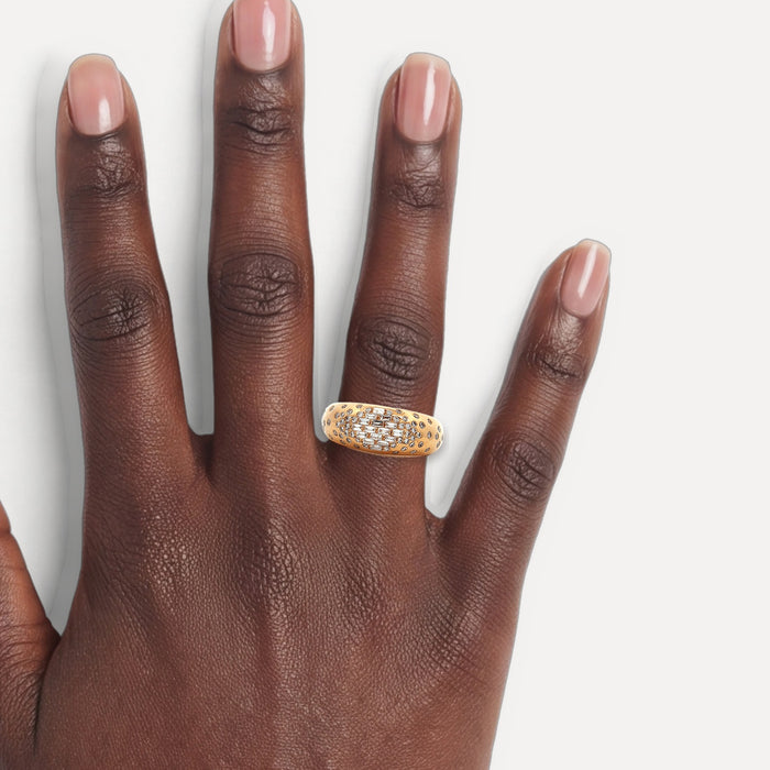French Dome Style Ring (½ ct. tw.) with Nearly Flawless Colorless Baguette & Round Brilliant Cut Diamond in 18k Rose Gold shown on a hand (deep skin tone)