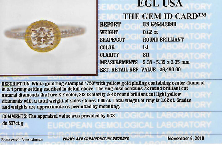 1.62 CTW EGL Certified Diamond Engagement Ring in 18KT White & Yellow Gold