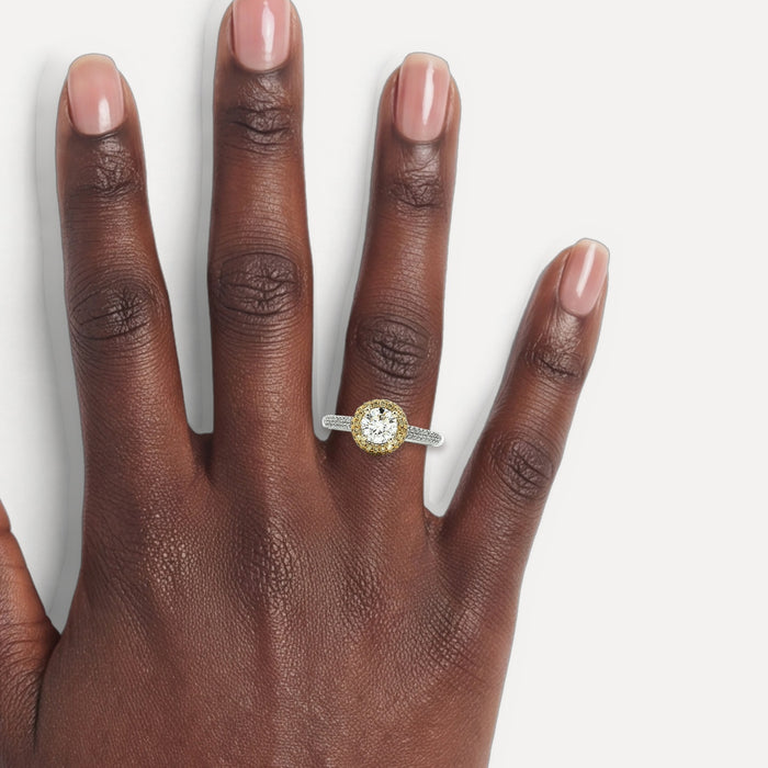 Certified White & Fancy Yellow Diamond Engagement Ring (1 ⅝ ct. tw.) in 18k White & Yellow Gold shown on a hand (deep skin tone)