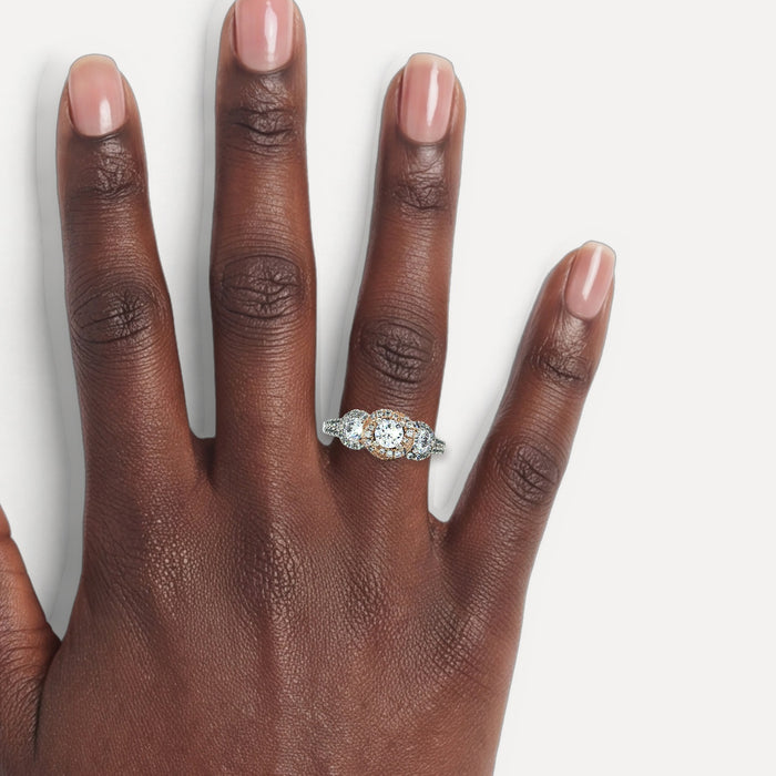 Past Present Future Round Brilliant Cut Halo Cubic Zirconia Engagement Ring in Sterling Silver shown on a hand (deep skin tone)