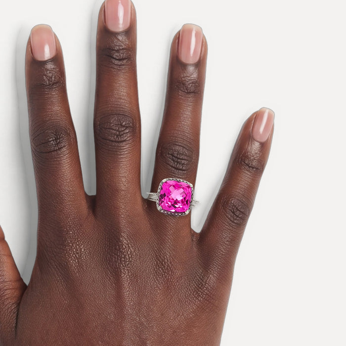 Vivid Checkerboard Cushion Lab-Grown Pink Sapphire Ring (4 ⅘ ct.) in Sterling Silver shown on a hand (deep skin tone)