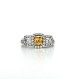 Three-Stone "Past • Present • Future" Cushion Cut Citrine Color CZ Halo Ring in Sterling Silver