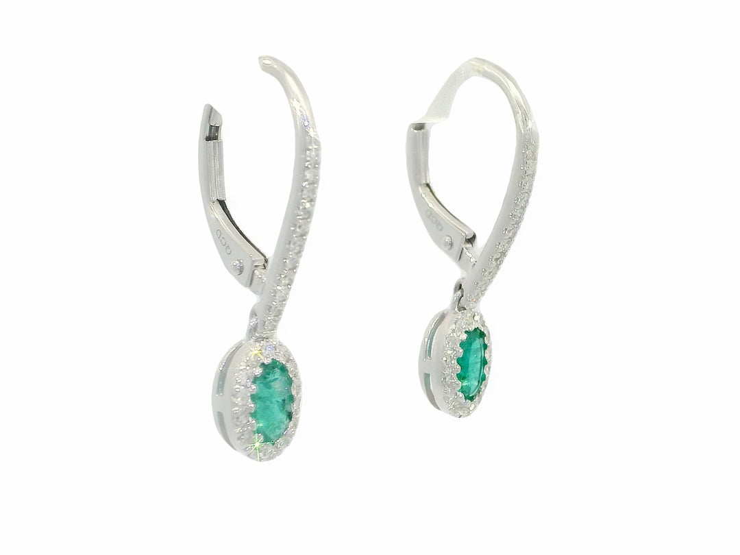 1.10 CTW Grade AAA Natural Emerald & Diamond Drop Earrings in 14KT White Gold