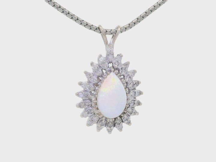 Antique Victorian 3.20 CTW AAA Grade Natural Opal & Diamond Pendant Necklace in 14KT White Gold