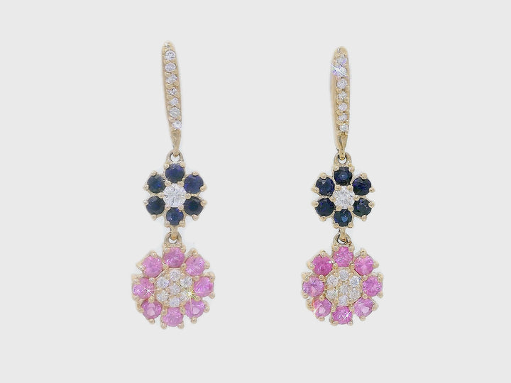 1.20 CTW Natural Blue Sapphire, Pink Sapphire & Diamond Floral Dangle Earrings in 14KT Yellow Gold