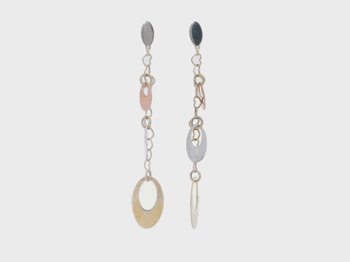 Tri-Color 18KT Gold Dangle Earrings in Yellow, White, & Rose Gold