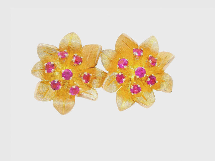 0.50 CTW Ruby Floral Stud Earrings in 14KT Yellow Gold