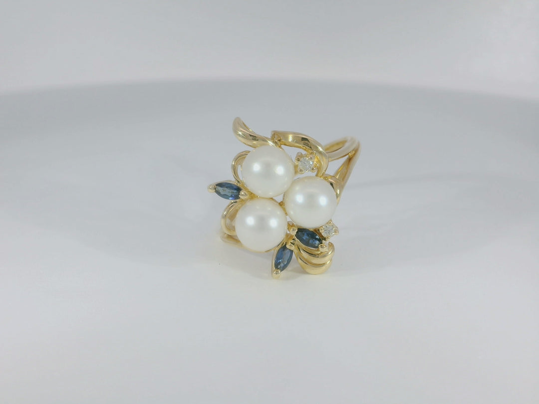 0.36 CTW Pearl, Sapphire & Diamond Cocktail Ring in 14KT Yellow Gold