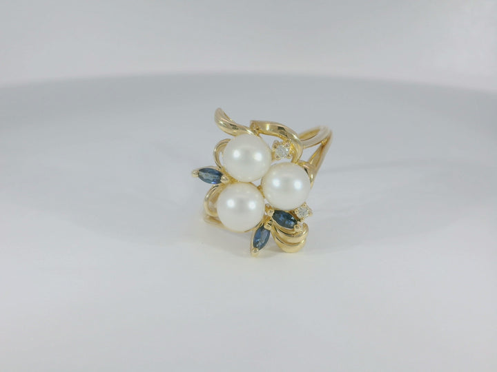 0.36 CTW Pearl, Sapphire & Diamond Cocktail Ring in 14KT Yellow Gold