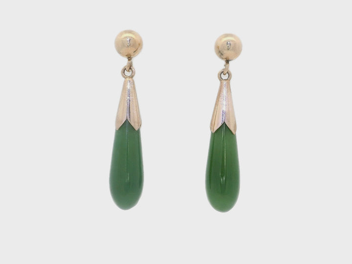 Natural Green Jade Drop Earrings in 14KT Yellow Gold