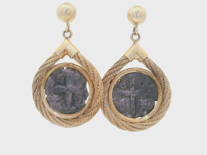 Rare Vintage Shipwreck Coin Earrings in 14KT Yellow Gold