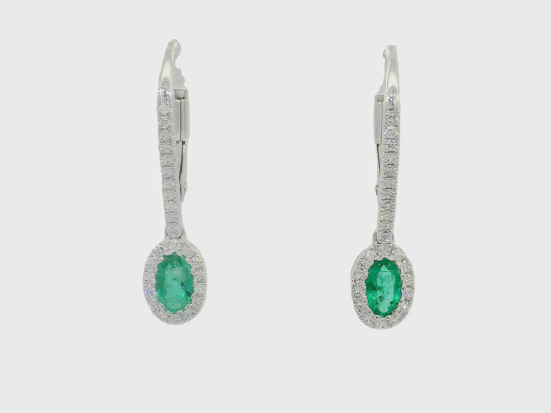 1.10 CTW Grade AAA Natural Emerald & Diamond Drop Earrings in 14KT White Gold