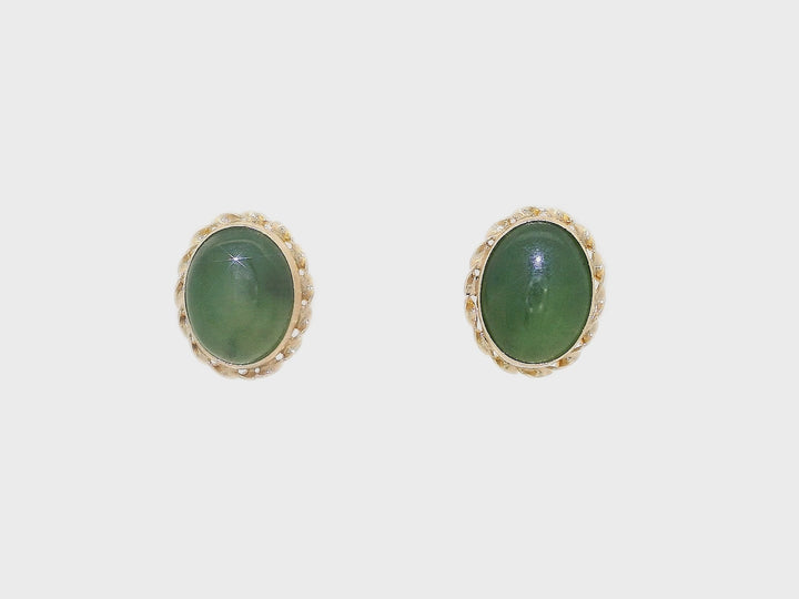 AAA Grade Natural Green Jade Oval Earrings in 14KT Yellow Gold