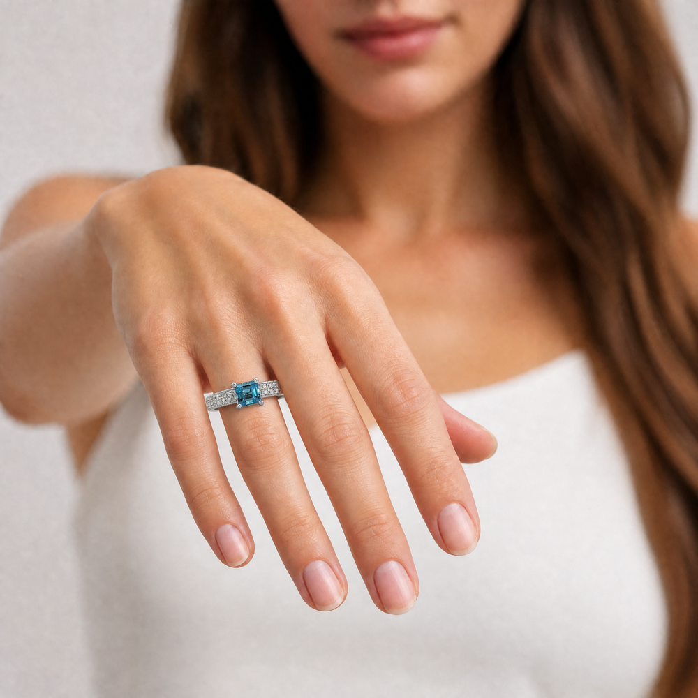 Asscher London Blue Topaz Pavé Diamond Ring in 18k White Gold