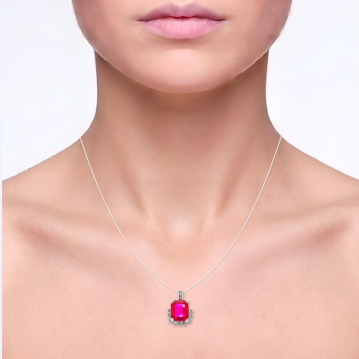 Vivid Emerald-Cut Ruby & Diamond Pendant Necklace (5 ⅙ ct. tw.) in 14k White Gold shown on the neck (light skin tone)