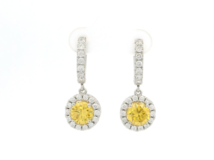 CZ Yellow Diamond Dangling Earrings in White Gold Plated Sterling Silver