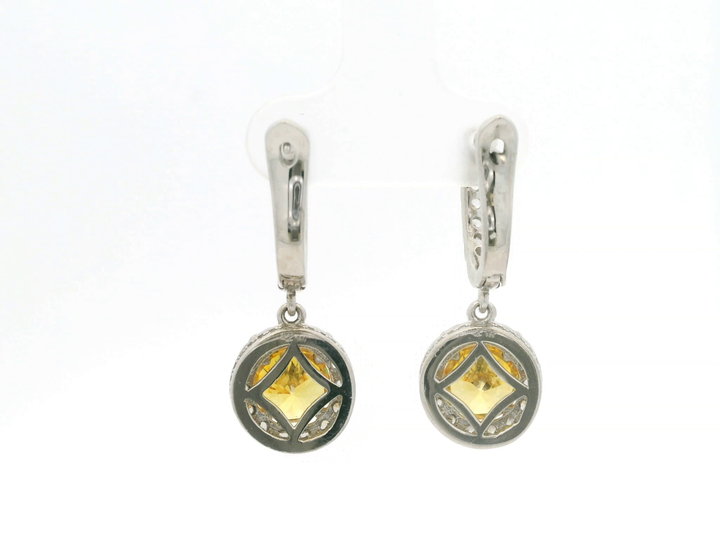 CZ Yellow Diamond Dangling Earrings in White Gold Plated Sterling Silver