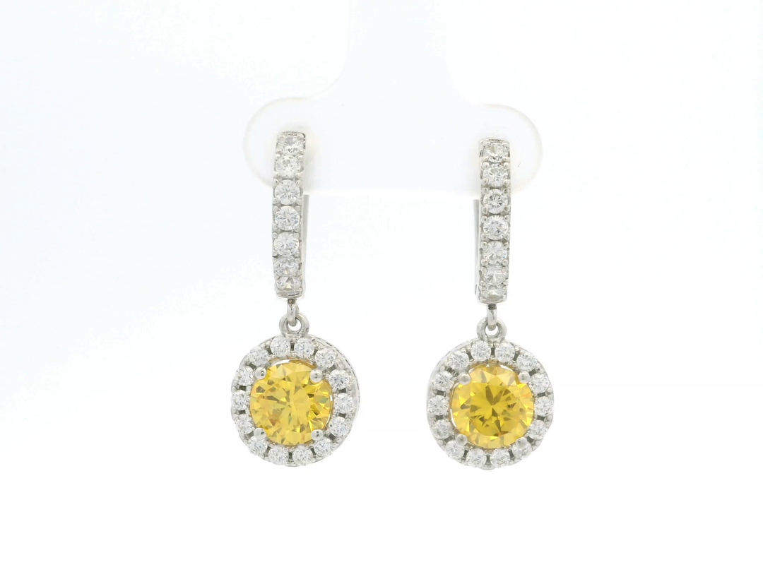 CZ Yellow Diamond Dangling Earrings in White Gold Plated Sterling Silver