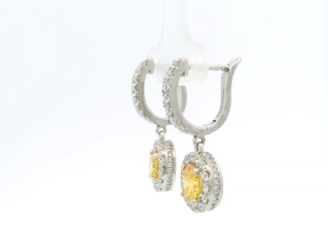 CZ Yellow Diamond Dangling Earrings in White Gold Plated Sterling Silver