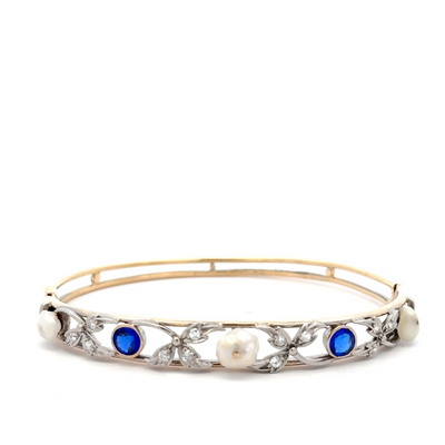 1920s Platinum Antique Bangle Synthetic Sapphires and Freshwater Pearls and 12 Small Single Cut Dias.