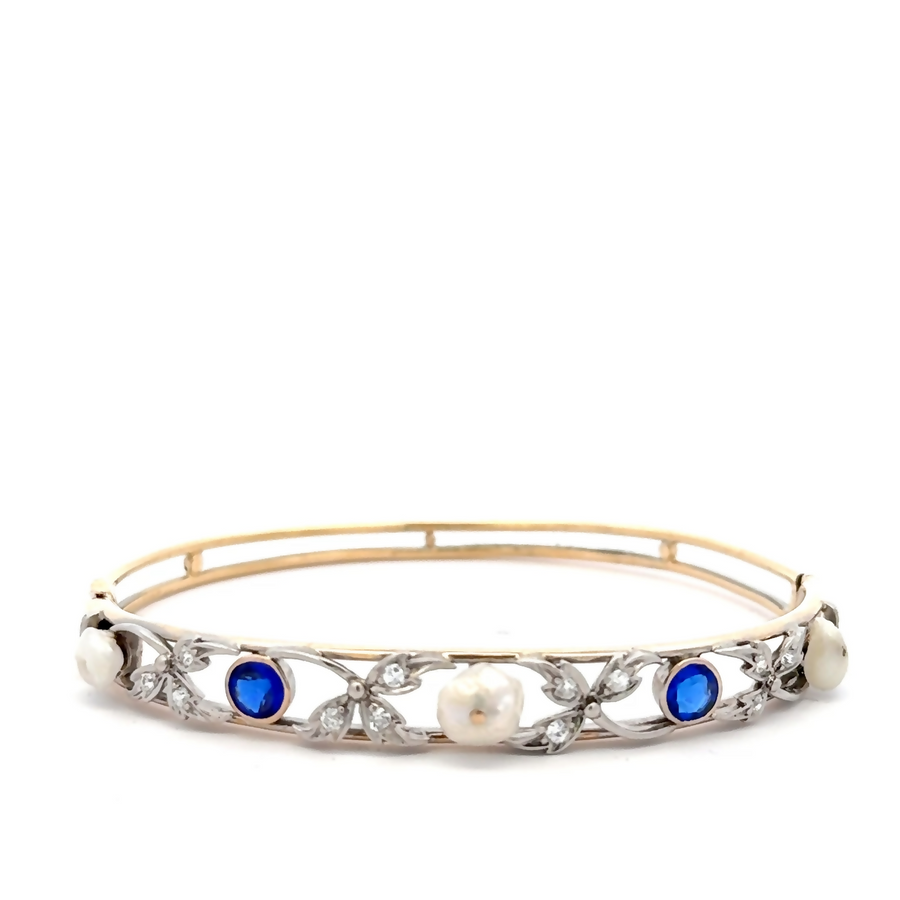 1920s Platinum Antique Bangle Synthetic Sapphires and Freshwater Pearls and 12 Small Single Cut Dias.