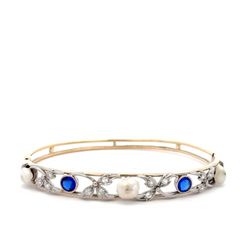 Vintage 1920s Freshwater Pearl, Natural Diamond & Sapphire Art Deco Bangle in Platinum & 14K Yellow Gold