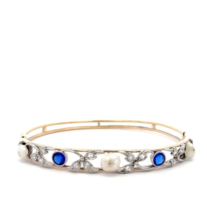 Vintage 1920s Freshwater Pearl, Natural Diamond & Sapphire Art Deco Bangle in Platinum & 14K Yellow Gold