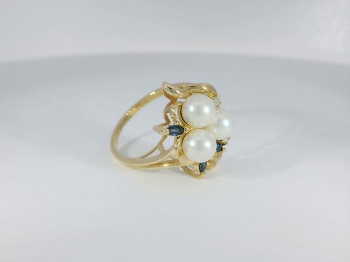 0.36 CTW Pearl, Sapphire & Diamond Cocktail Ring in 14KT Yellow Gold