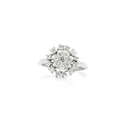 diamond sunburst engagement ring in 14k white gold with sparkling natural diamonds in a radiant design.