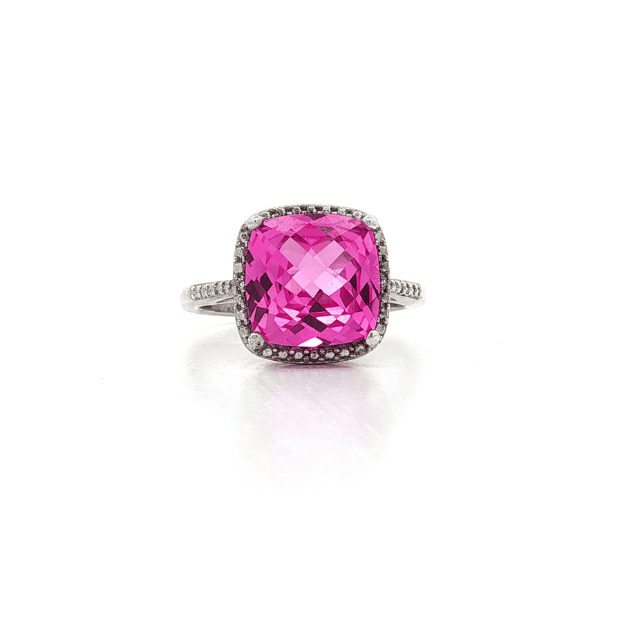 Pink Beryl Color Cushion Cut CZ Halo Ring Sterling Silver