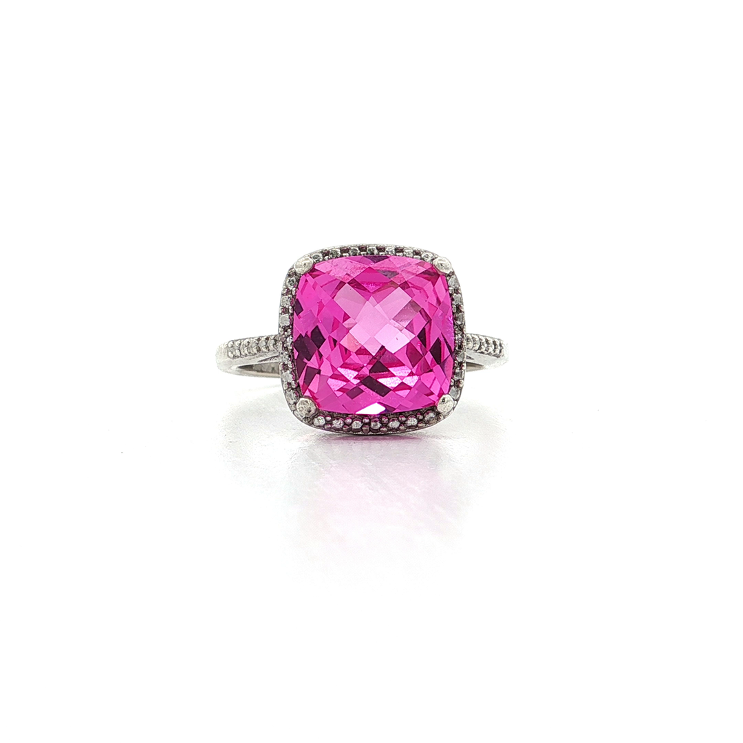 Pink Beryl Colored Cushion Cut CZ Halo Ring in Sterling Silver