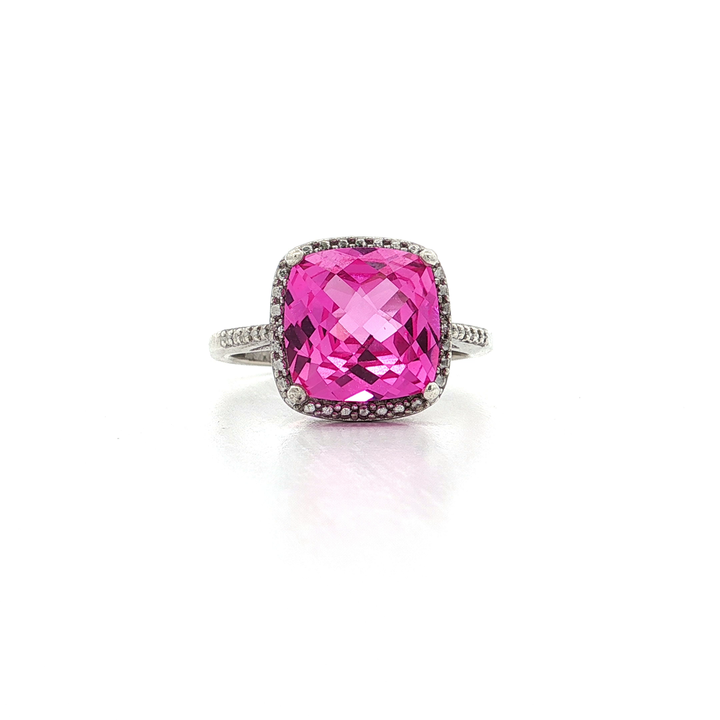 Pink Beryl Colored Cushion Cut CZ Halo Ring in Sterling Silver