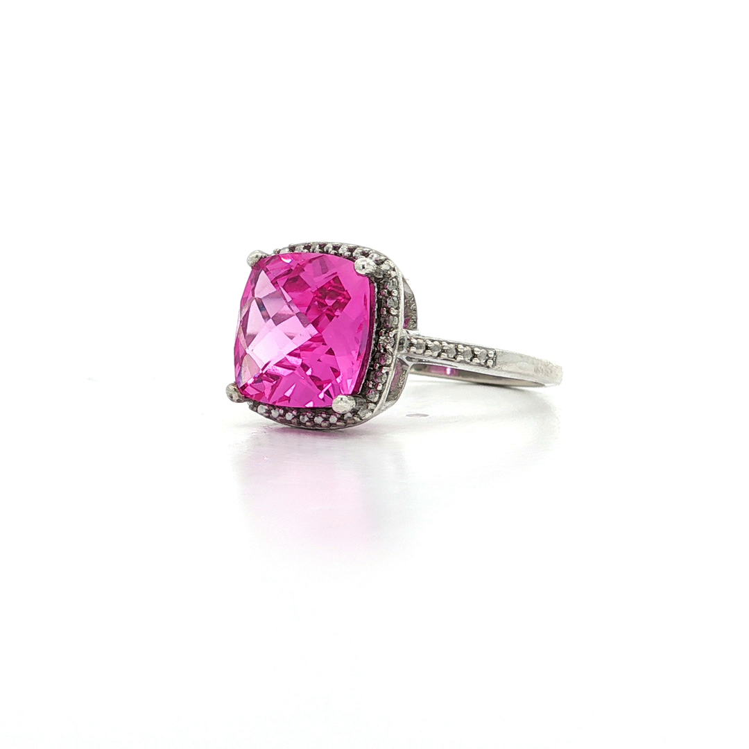 Pink Beryl Colored Cushion Cut CZ Halo Ring in Sterling Silver