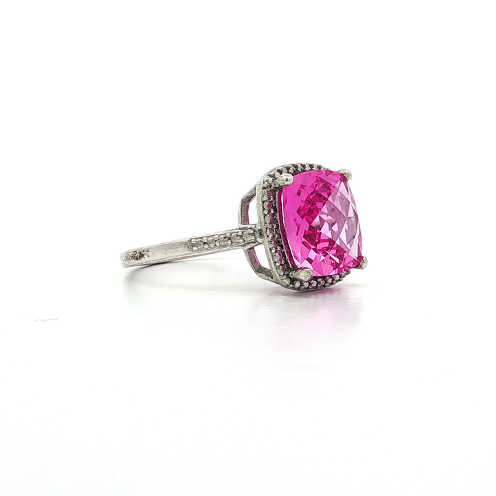 Pink Beryl Colored Cushion Cut CZ Halo Ring in Sterling Silver