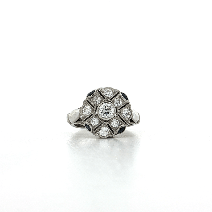 Antique Colorless and Nearly Flawless Diamond & Sapphire Ring (1 1/10 ct. tw.) Platinum & 10k White Gold
