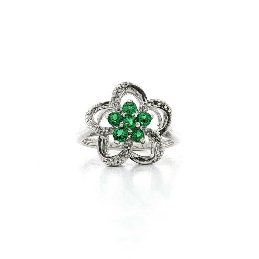 Flower Fashion Green & White CZ Ring Sterling Silver