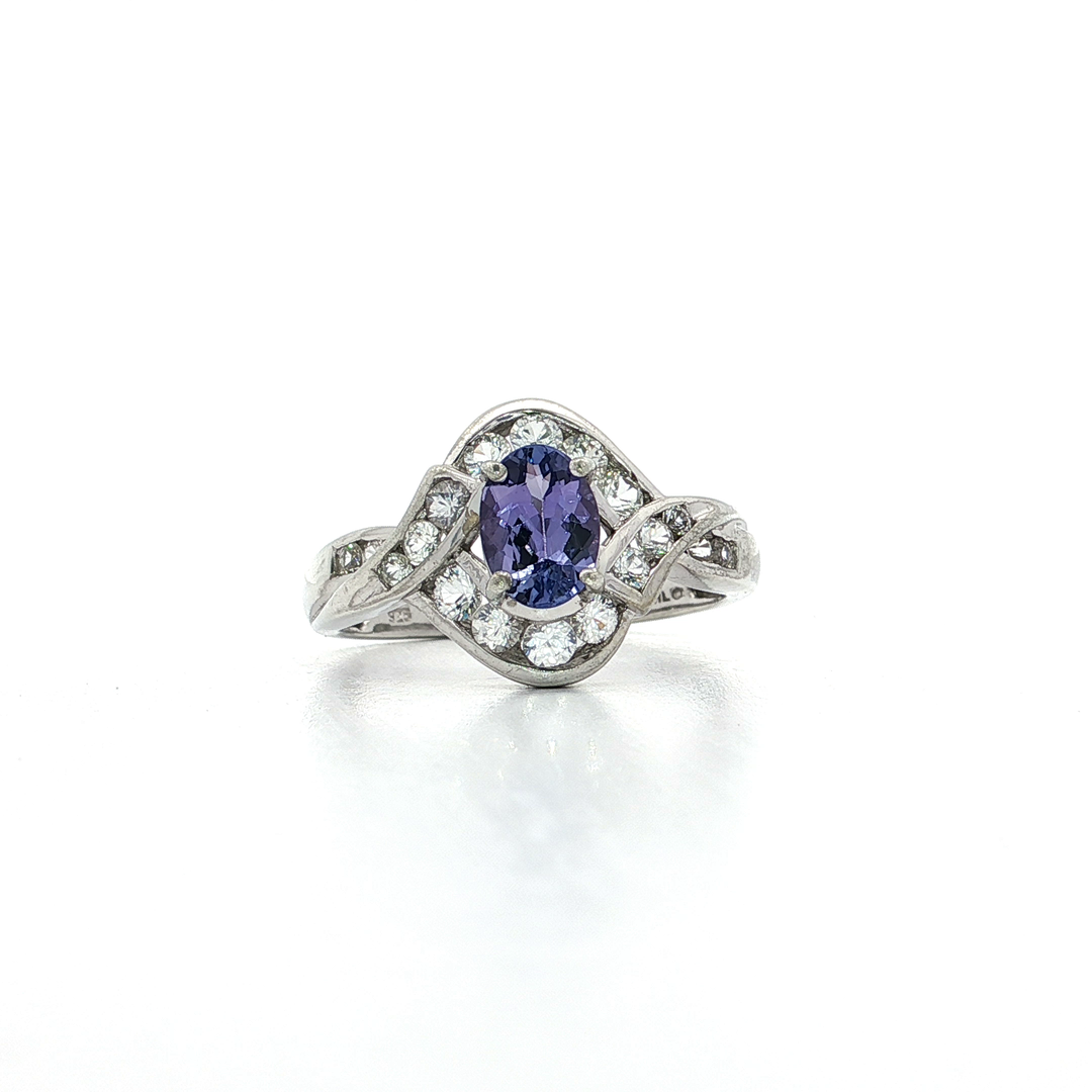 Tanzanite-Purple CZ Halo Ring in Sterling Silver