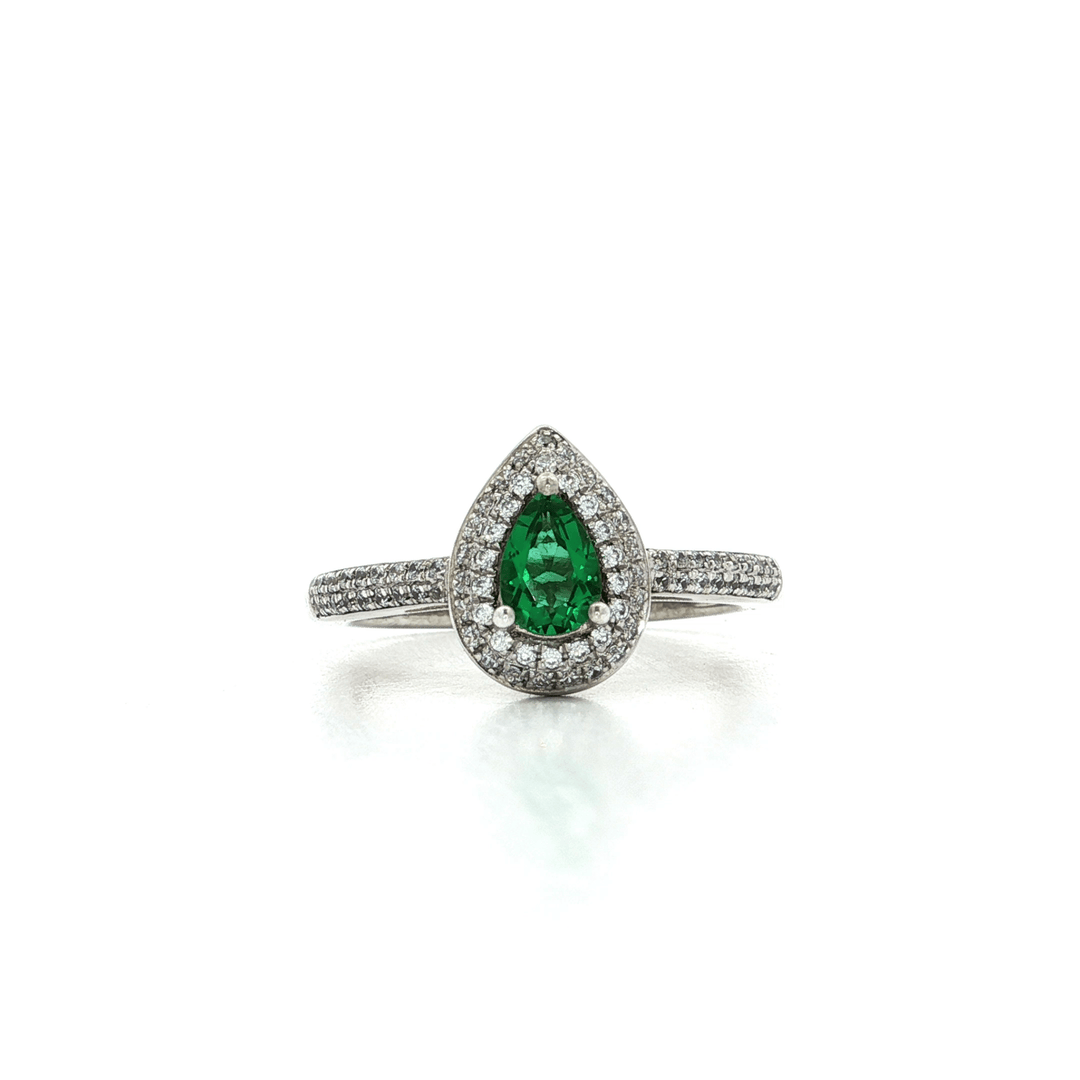 Pear Shape Emerald in a Double Halo CZ & Double Row CZ White Gold over Sterling Silver Ring – Jewelry Depot, Inc.