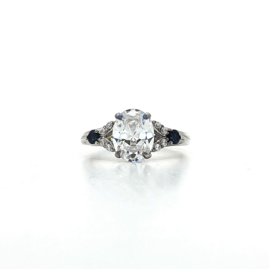 Oval Brilliant Cut CZ Engagement Ring with a Split Shank Sterling Silver Ring & Blue & White CZs Sterling Silver
