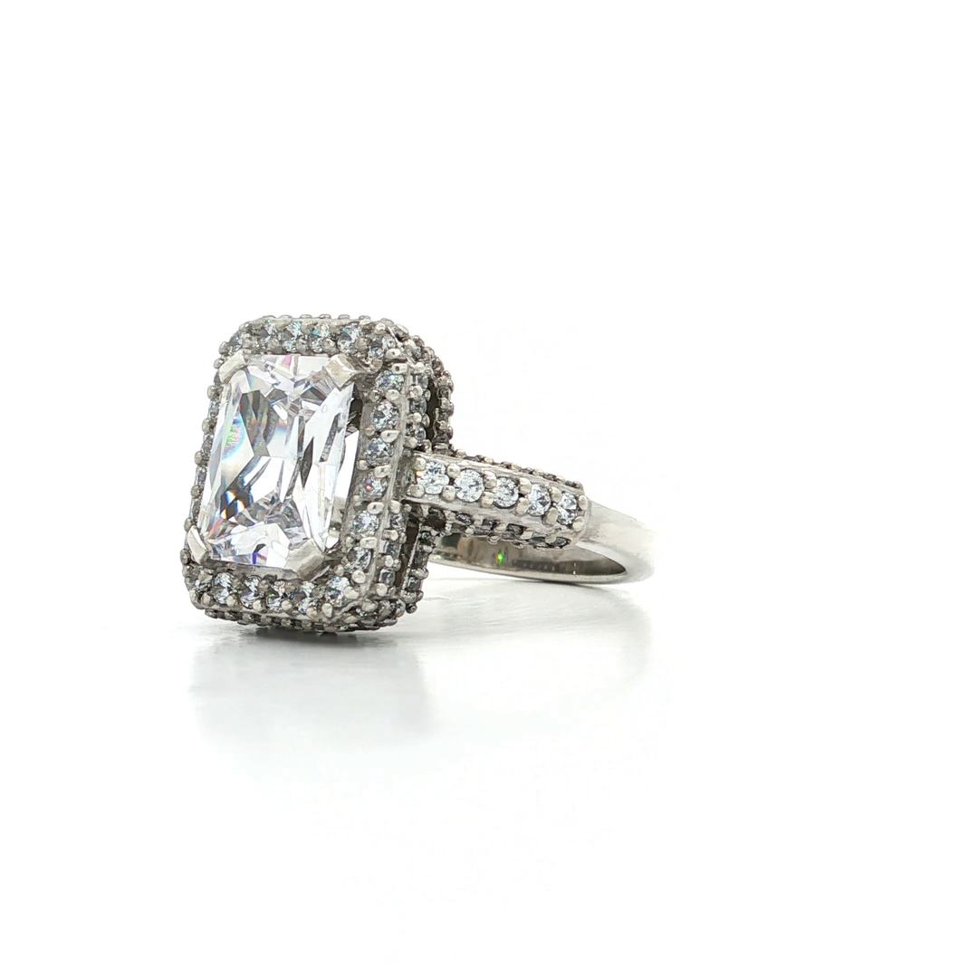 Radiant Cut CZ Halo Engagement Ring in Sterling Silver