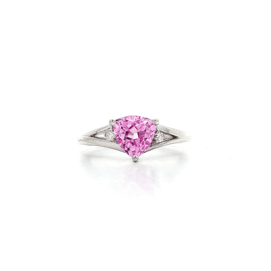 Trillion Brilliant Cut Pink CZ Ring with Split Shank & Two White CZs Sterling Silver