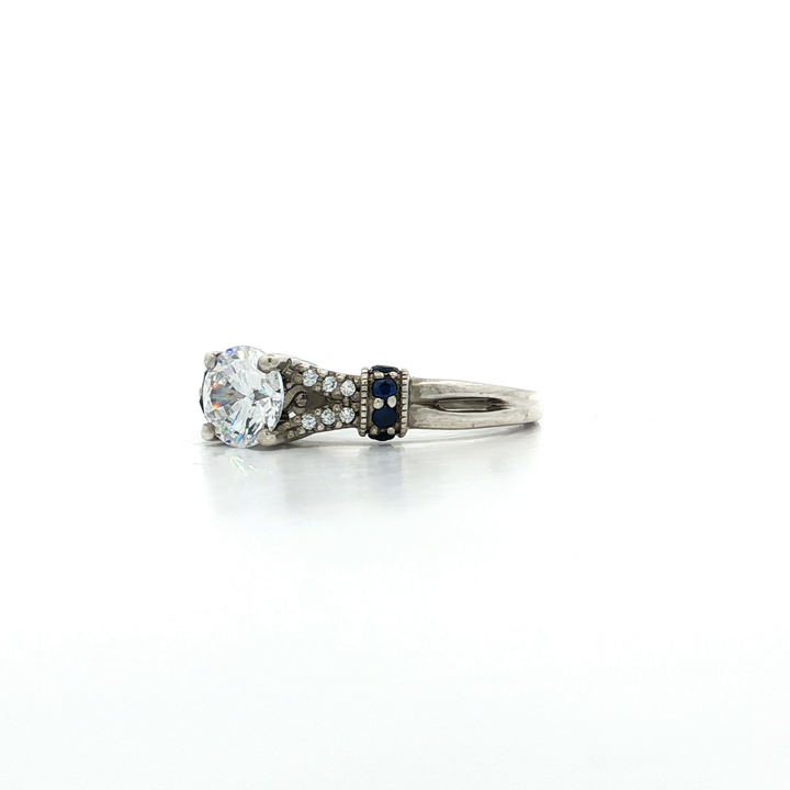 Round Brilliant & Sapphire Blue CZ Ring in Sterling Silver
