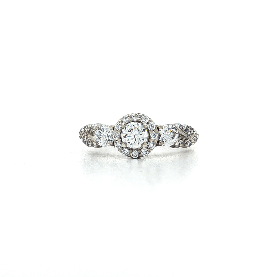 Three Stone Round Brilliant Cut CZ Engagement Ring with Halo Sterling Silver
